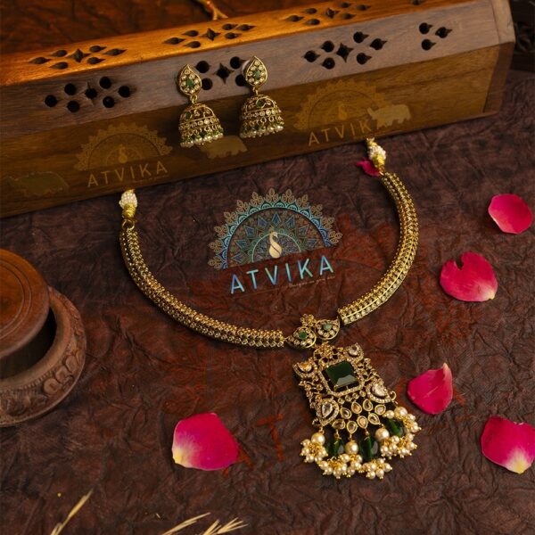 Anitque Green Stone Necklace With Matching Stone Jhumkas