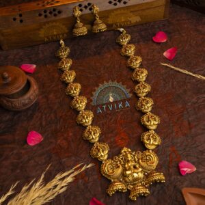 Antique Temple Haram Set with Matching Jhumka Earrings