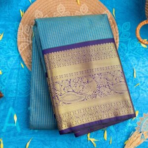 Blue Semi Silk Kanchipuram Saree with Elegant Checked Design