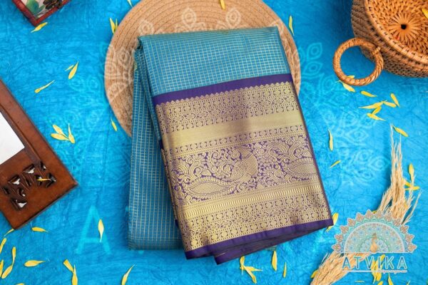 Blue Semi Silk Kanchipuram Saree with Elegant Checked Design