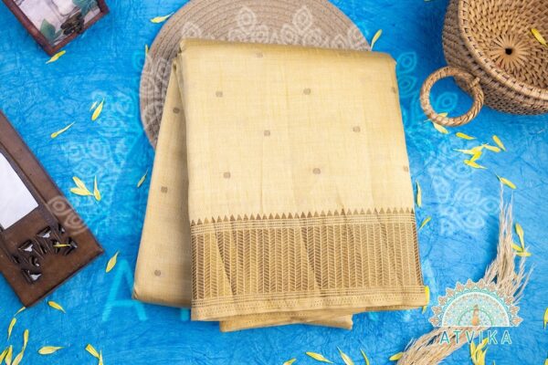 Cream Half White Tussar Silk Saree with Golden Zari, Adorned with Subtle Motifs