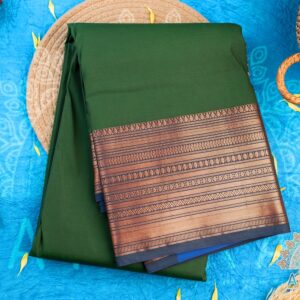 Dark Green Semi Silk Kanchipuram Saree with a Shimmering Blue Pallu