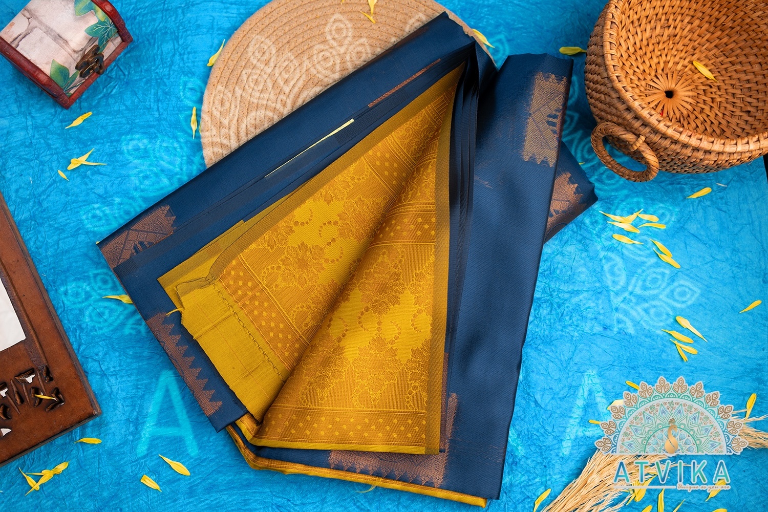 Deep Peacock Blue Soft Silk Saree with Mustard Pallu In Deep Peacock Blue Soft Silk Saree with Mustard Pallu In