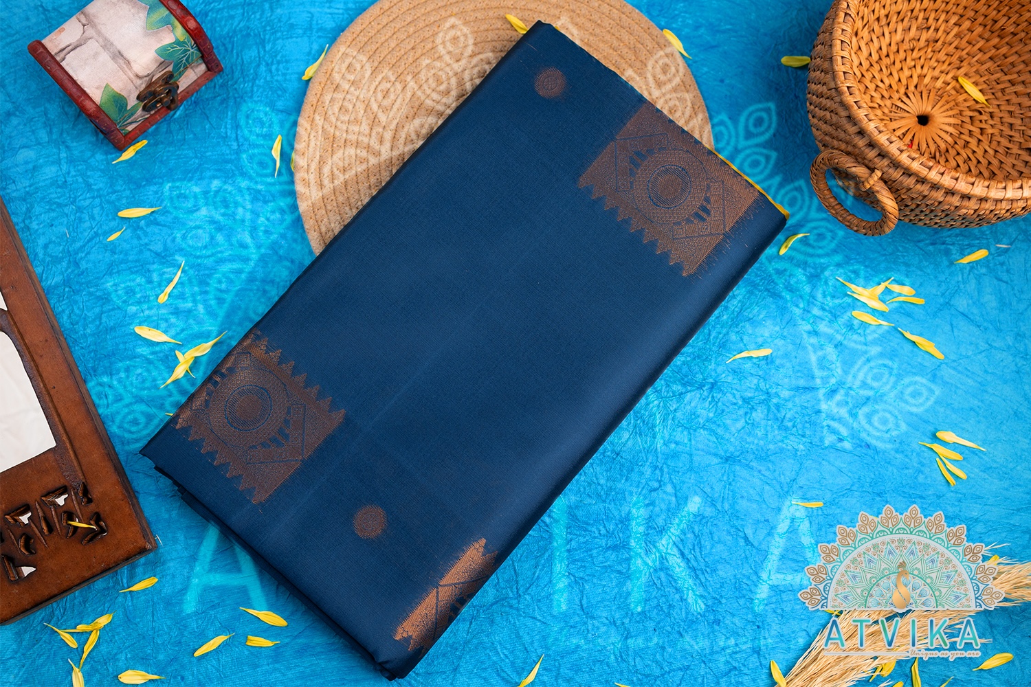 Deep Peacock Blue Soft Silk Saree with Mustard Pallu Deep Peacock Blue Soft Silk Saree with Mustard Pallu