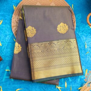 Elegant Grey Dual Tone Semi Kanchipuram Silk Saree with Vibrant Green Border for Festive Elegance