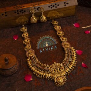 Majestic Gold Plated Kemp Stones Temple Haram Jewelry Set