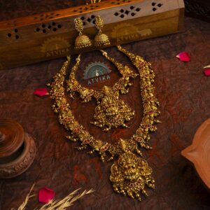 Matte Finish Antique Temple Haram and Necklace Set with Complementary Jhumkas