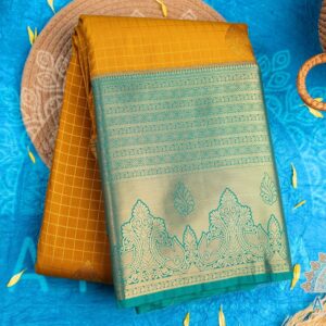 Mustard Yellow Semi Kanchipuram Checked Design Saree with Annam Butta