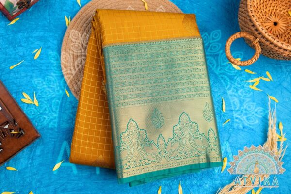 Mustard Yellow Semi Kanchipuram Checked Design Saree with Annam Butta