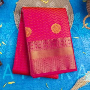 Radiant Pink Silk Saree with Golden Butta, Jari Accents, and Intricate Wave Patterns