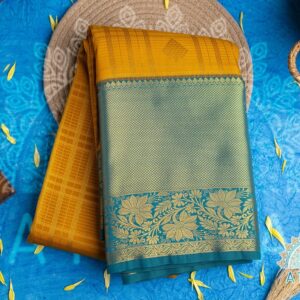 Mustard Yellow Semi Kanchipuram Checked Design Sarees with Golden kopuram butta