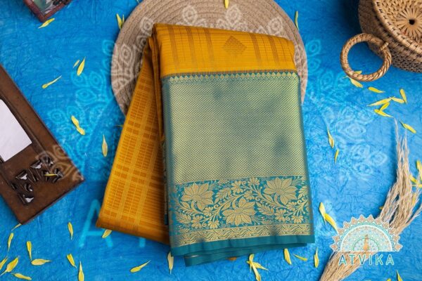 Mustard Yellow Semi Kanchipuram Checked Design Sarees with Golden kopuram butta