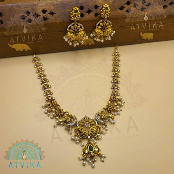 Premium Gold Plated Temple Necklace Set with Stones