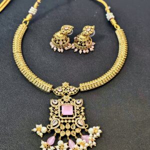 Anitque Pink Stone Necklace With Matching Stone Jhumkas