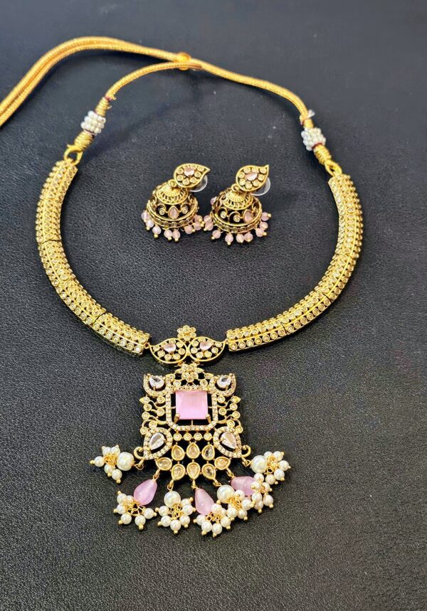 Anitque Pink Stone Necklace With Matching Stone Jhumkas