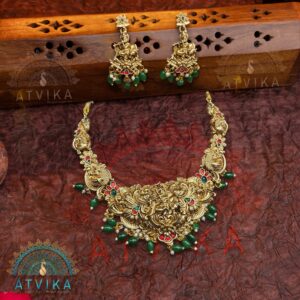 Antique Lord Krishna Temple Jewellery Necklace Set with Green Pearl Accents