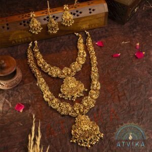 Matte Finish Antique Temple Haram and Necklace Set with Matching Jhumkas and Nethi Chutti