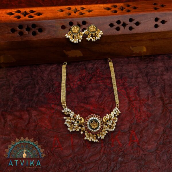 Stone Studded Mahalakshmi Choker Necklace with Matching Earrings