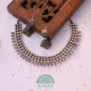 Antique Oxidized Beaded Necklace Set with Matching Jhumka Earrings