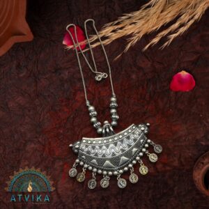 Antique Oxidized Pendant Necklace with Coin Danglers