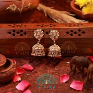 Antique Temple Jhumkas with Intricate Motifs and Pearl Detailing