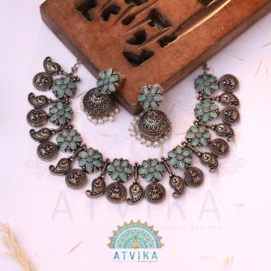 Aqua Bloom Oxidised Necklace Set with Floral Jhumkas