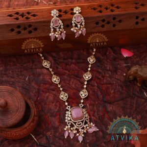 Delicate Pink Stone Pendant Chain with Matching Drop Earrings