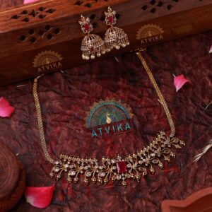 Exquisite Kemp Stone Floral Choker Necklace with Jhumka Earrings