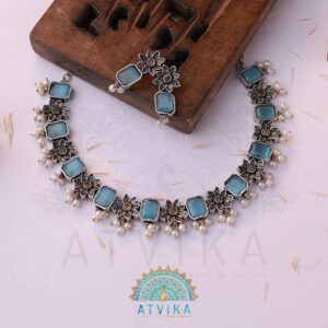 Floral Charm Oxidized Necklace Set with Matching Earrings