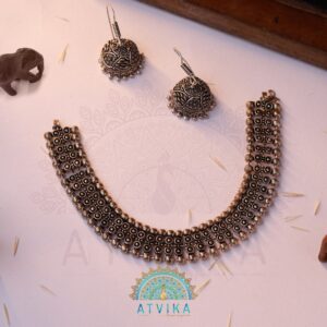 Oxidized Choker Necklace with Hook Drop Jhumka Earrings