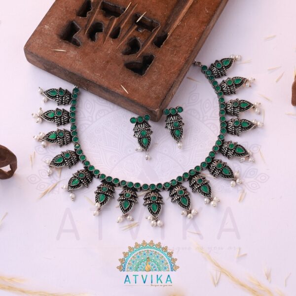 Oxidized Green Stone Leaf Necklace Set with Matching Earrings