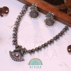 Oxidized Twin Peacock Necklace Set with Jhumka Earrings