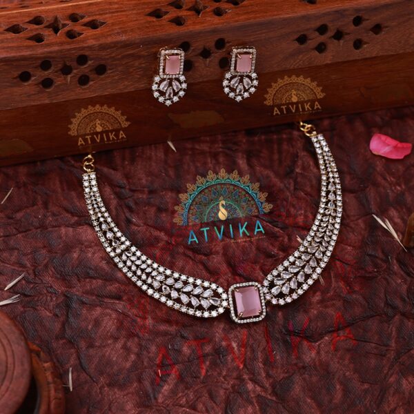 Radiant Pink Centrepiece Necklace Set with Sparkling AD Stones