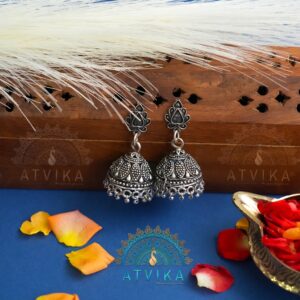 Floral Motif Oxidised Jhumka Earrings