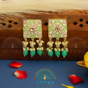 Elegant Floral Meenakari Earrings with Beaded Drops - Mint Green