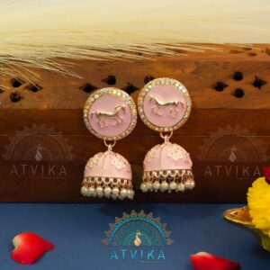 Meenakari Horse Motif Jhumka Earrings-Baby Pink