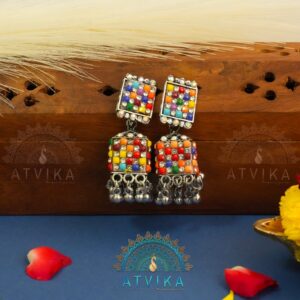 Multicolor Oxidized Square Jhumka Earrings