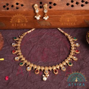 Antique Gold Multicolor Stone Necklace Set with Pearl Drop Charm