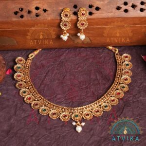 Antique Gold-Plated Necklace Set with Pink & Green Stones