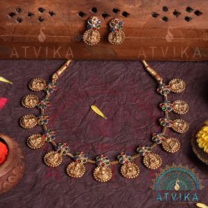 Divine Mahalakshmi Antique Necklace Set with Multicolor Stones