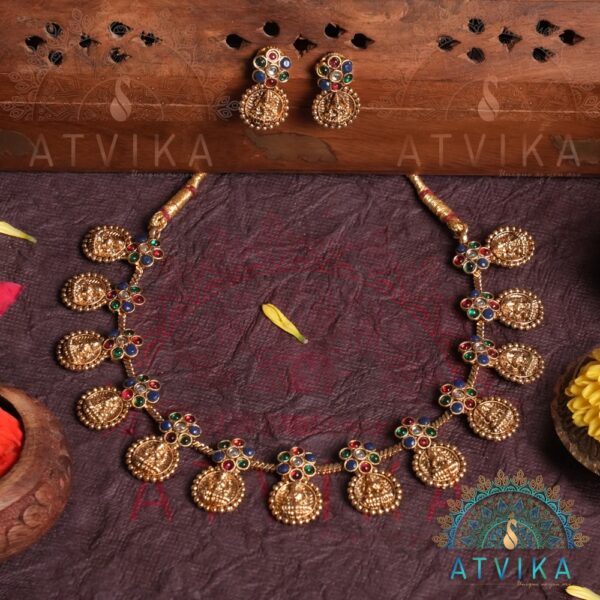 Divine Mahalakshmi Antique Necklace Set with Multicolor Stones