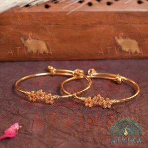 Gold-Plated Adjustable Floral Charm Bangle Bracelet with Stone Accents