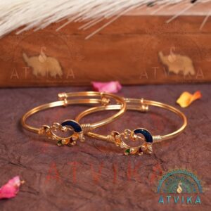 Peacock Design Adjustable Gold Bangle Bracelet with Enamel & Stone Detailing