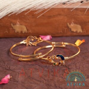 Peacock Design Adjustable Gold Bangle Bracelet with Enamel & Stone Detailing-Back