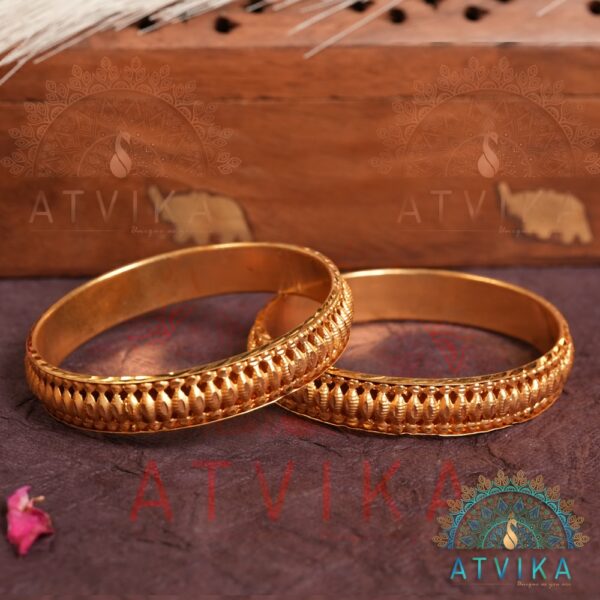 Traditional Gold-Finish Broad Bangles with Textured Detailing (Size-26)