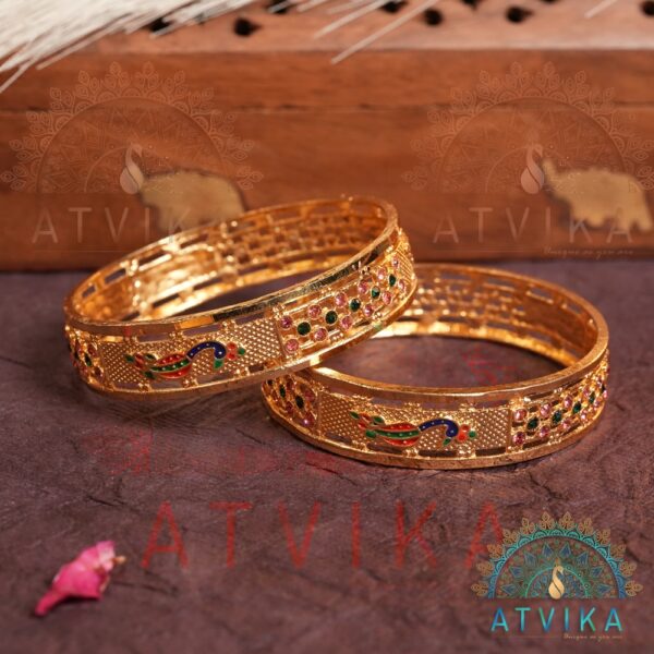 Traditional Gold-Plated Peacock Enamel Bangles