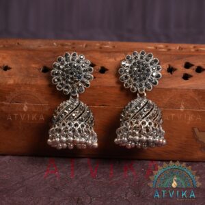 Oxidised Black Stone Jhumka Earrings with Floral Stud and Dome Design