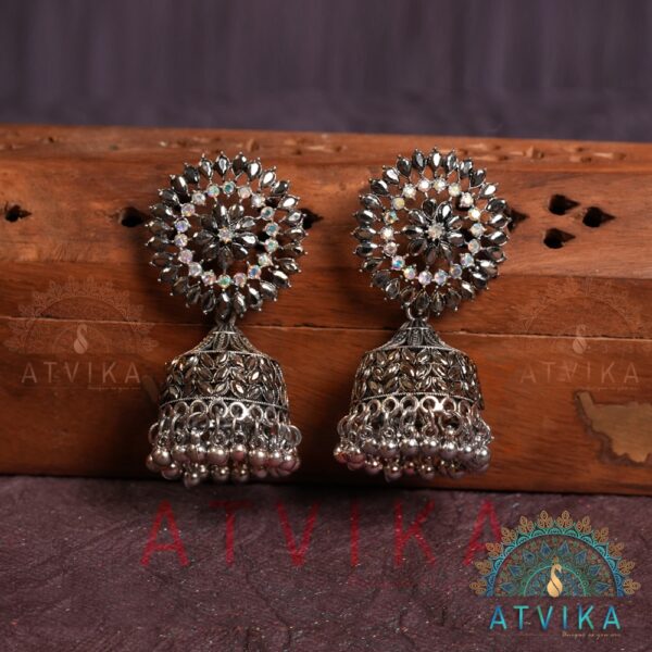 Oxidised Silver Floral Jhumka Earrings with Intricate Carving