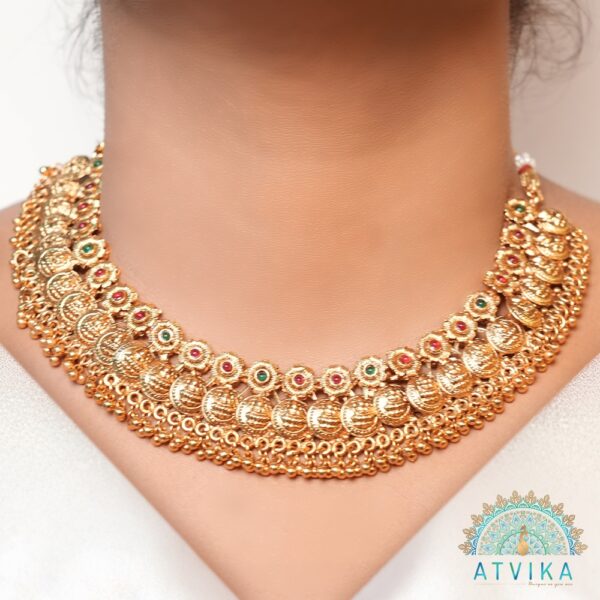 Antique Coin and Floral Choker Necklace & Earring Set with Multicolor Stones