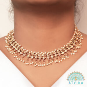 Elegant Gold-Finish Pearl Cluster Choker Necklace & Earring Set